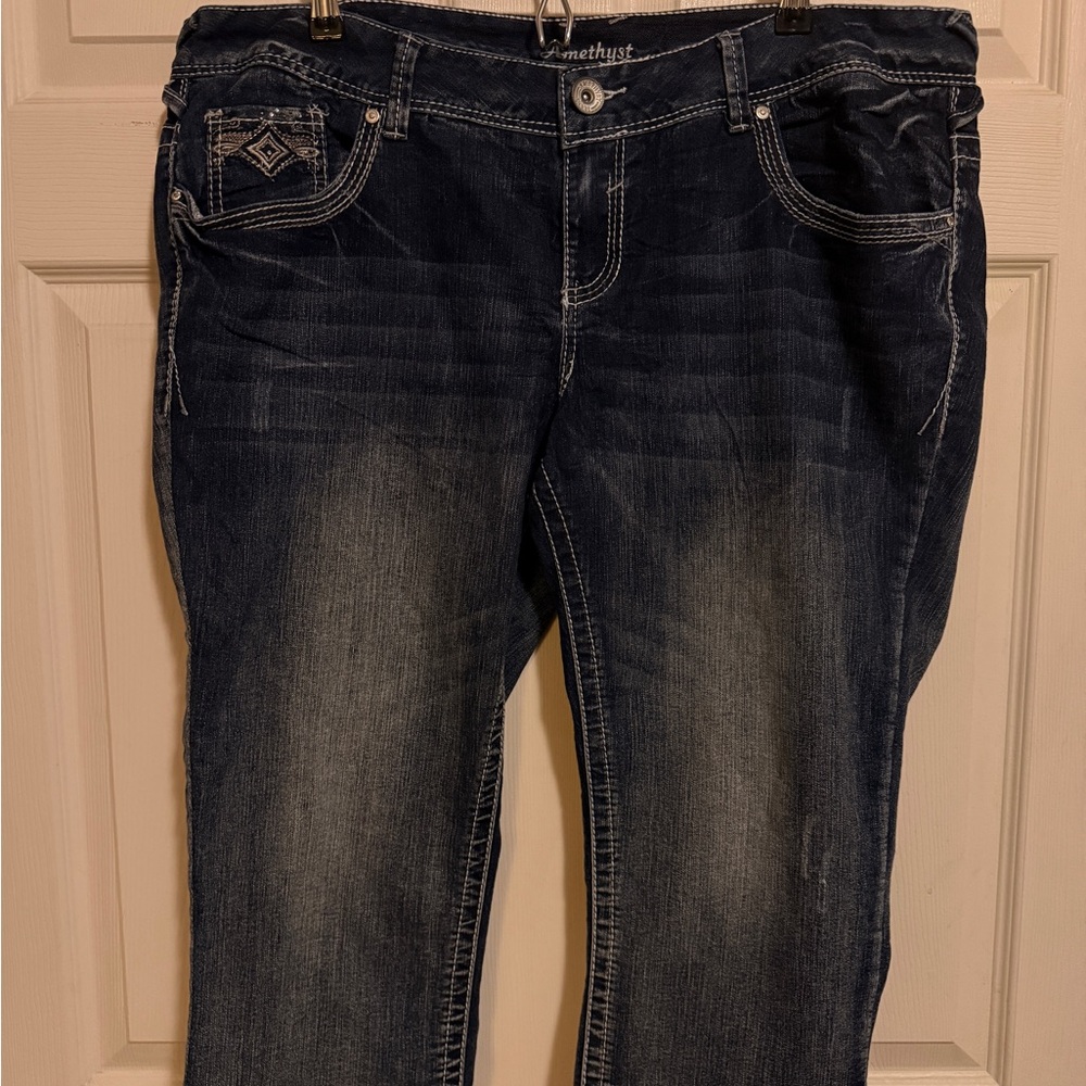 Amethyst Women’s Blue Jeans Capris Sz 18 Cuffed Distressed Double Stitched